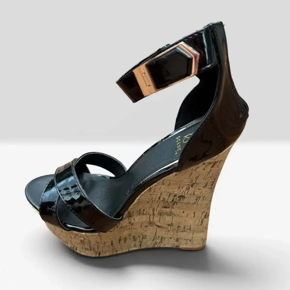 New Scene by ShoeDazzle Rayleen Black Patent Cork Platform Wedge Sandals Size 9